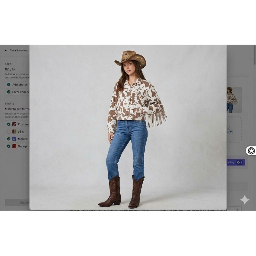 Altar'd State Cow Print Fringe Denim Jacket Western Coastal Cowgirl Boho Brown M - Picture 2 of 12